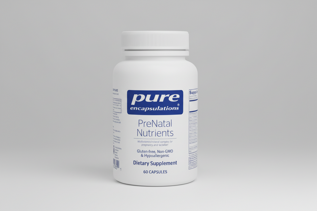 White bottle of pure encapsulations PreNatal Nutrients supplement on a white background
