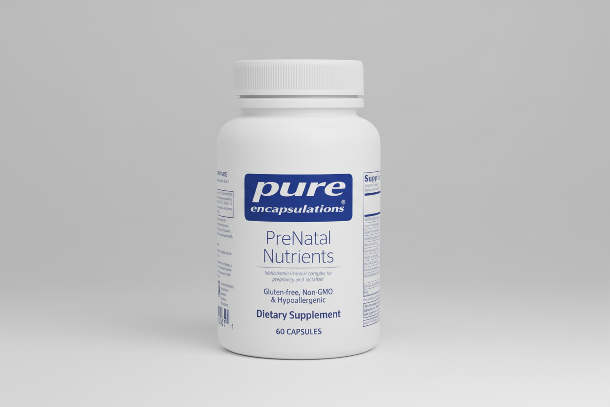 White bottle of pure encapsulations PreNatal Nutrients supplement on a white background