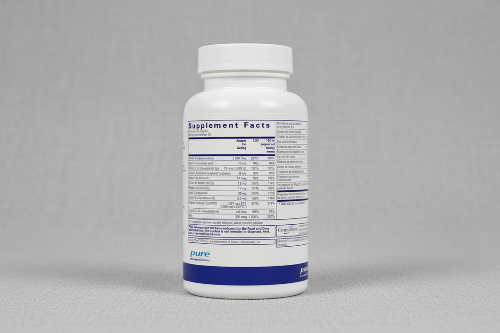 Supplement facts label for pure encapsulations with detailed nutritional information.