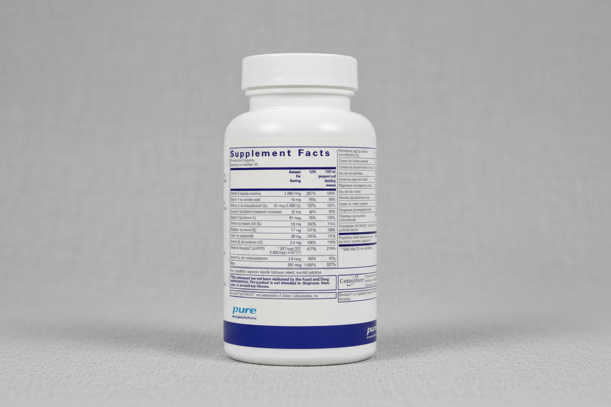 Supplement facts label for pure encapsulations with detailed nutritional information.