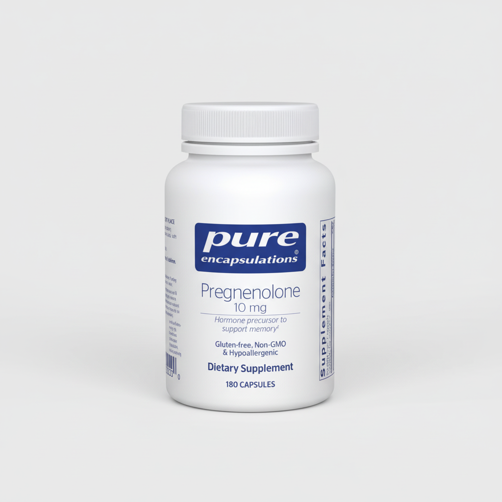 White supplement bottle labeled 'pure encapsulations' on a white background