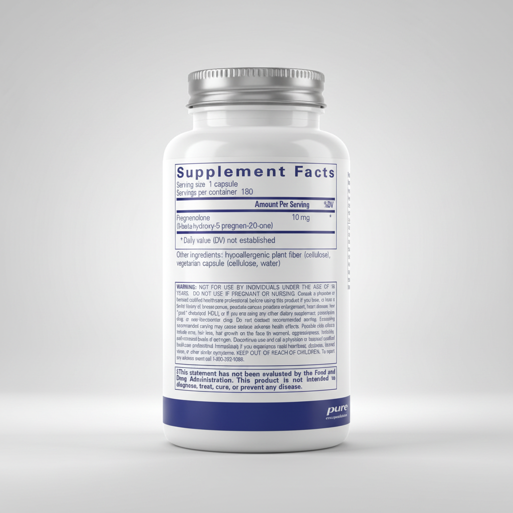 Supplement facts label for a pregnenolone capsule with serving size, servings per container, and ingredient details.