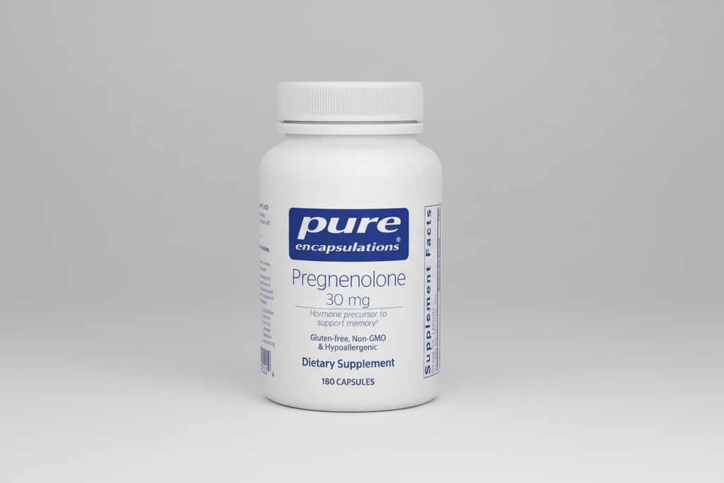 White supplement bottle labeled 'pure encapsulations Pregnenolone 30 mg' on a white background