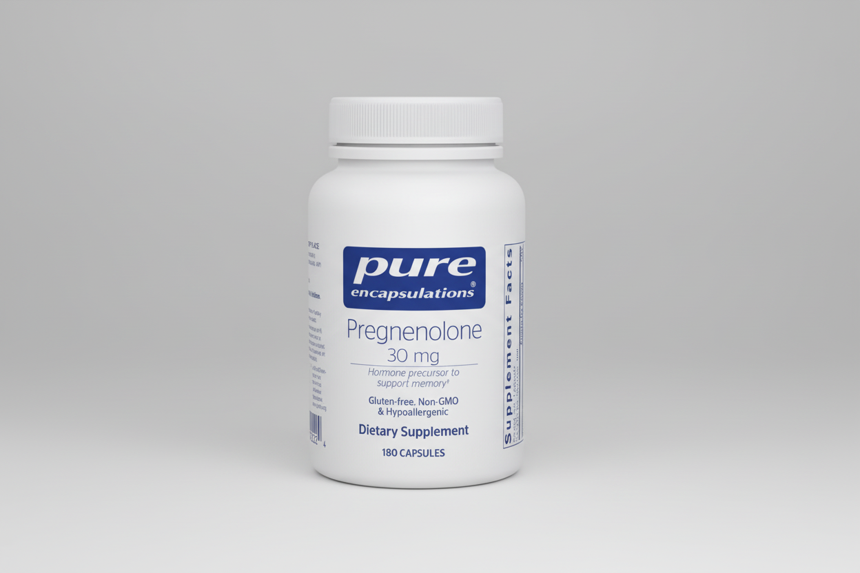 White supplement bottle labeled 'pure encapsulations Pregnenolone 30 mg' on a white background
