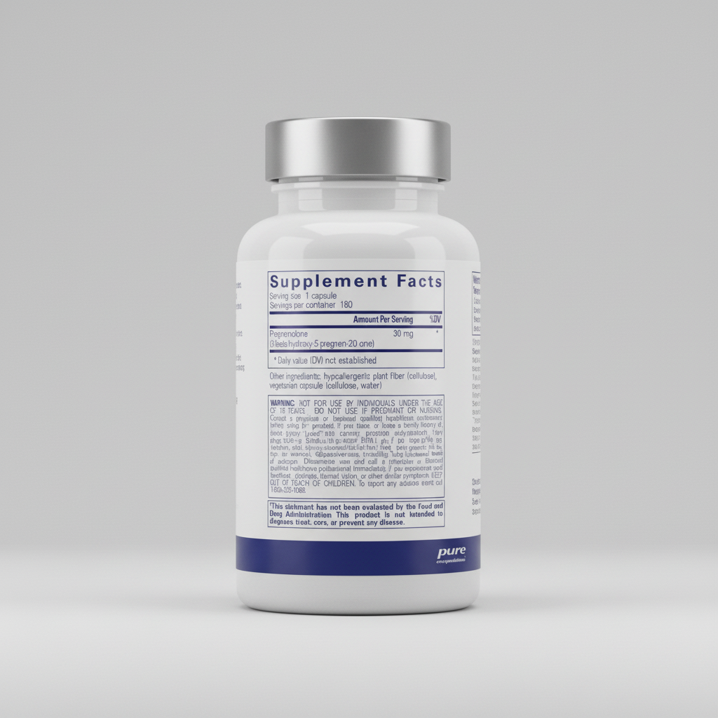Supplement label for pregnenolone capsules with serving size, servings per container, and warning information.