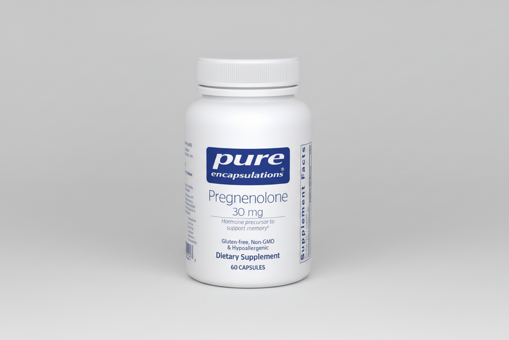 White supplement bottle labeled 'pure encapsulations Pregnenolone 30 mg' on a white background