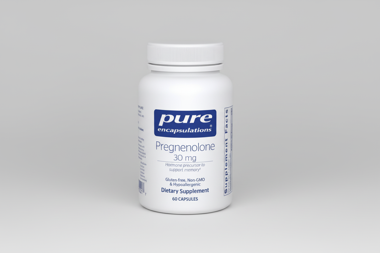 White supplement bottle labeled 'pure encapsulations Pregnenolone 30 mg' on a white background