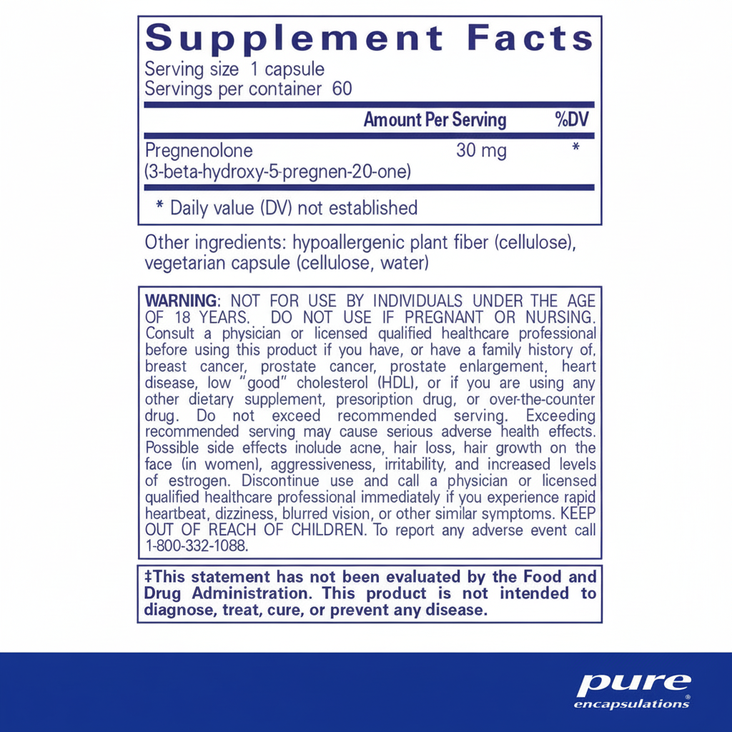 Supplement label for pregnenolone capsules with serving size, servings per container, and warning information.