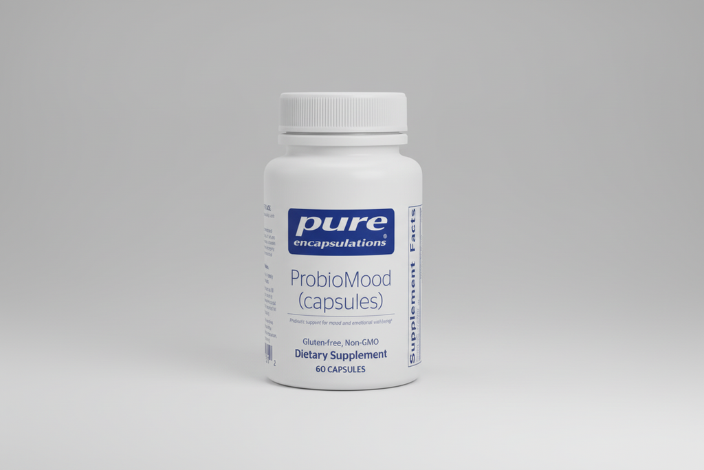 White supplement bottle labeled 'pure encapsulations ProbioMood capsules' on a white background