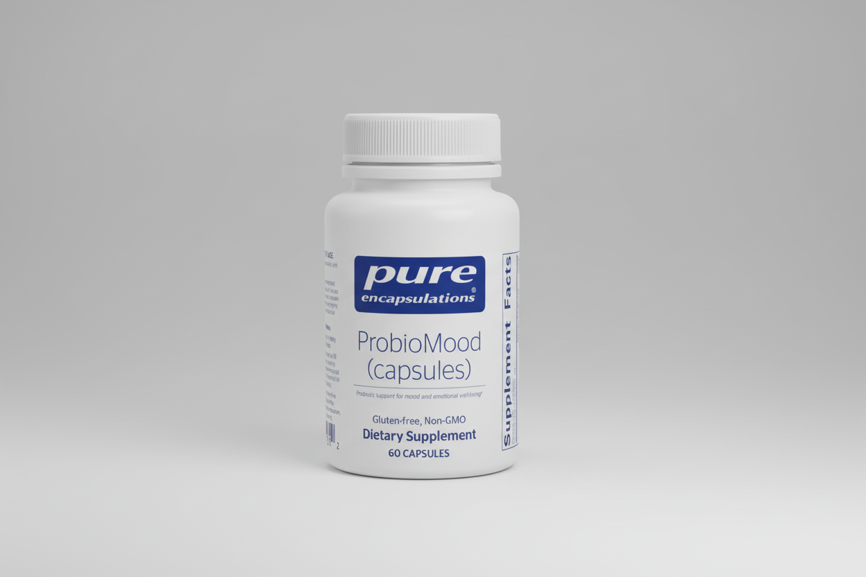 White supplement bottle labeled 'pure encapsulations ProbioMood capsules' on a white background