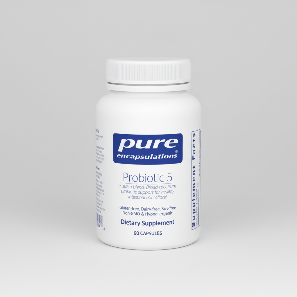 White supplement bottle labeled 'pure encapsulations Probiotic-5' on a white background