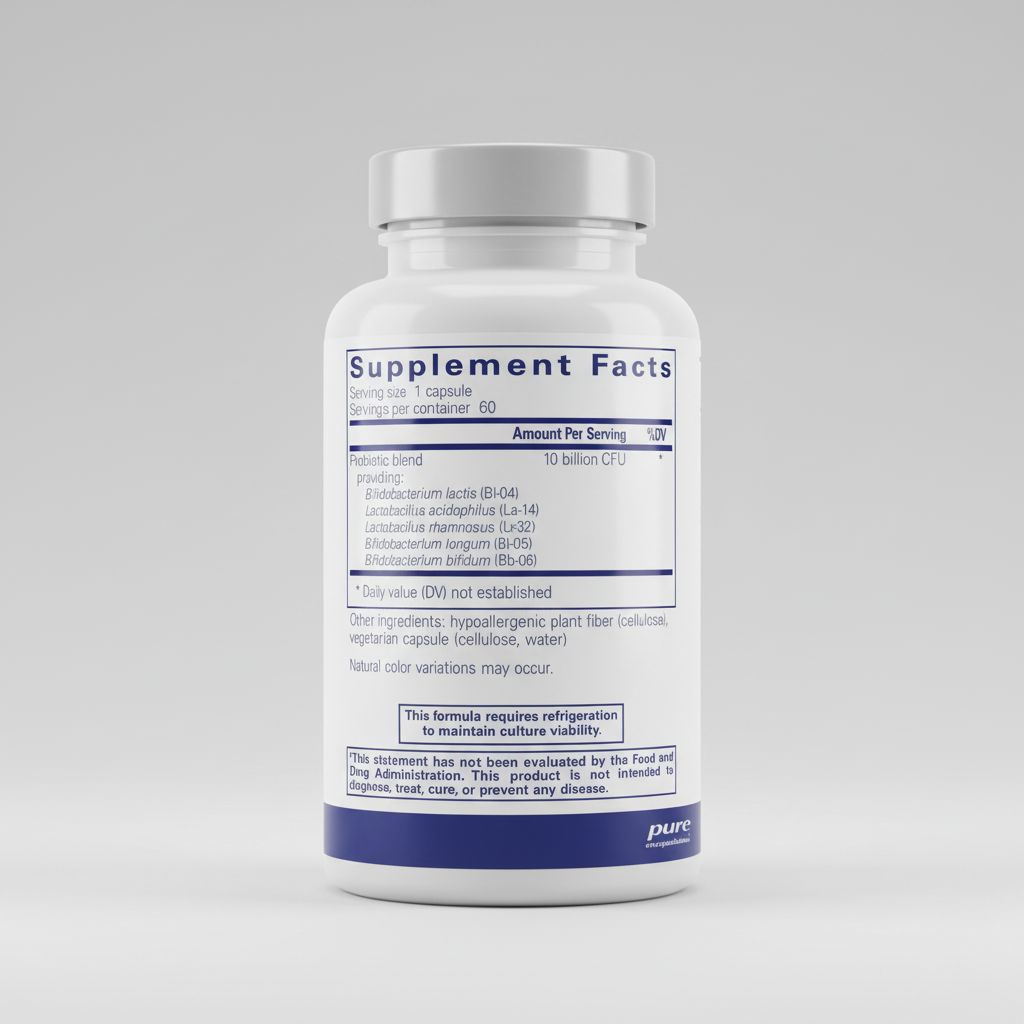 Supplement facts label for a probiotic blend with serving size and container details.
