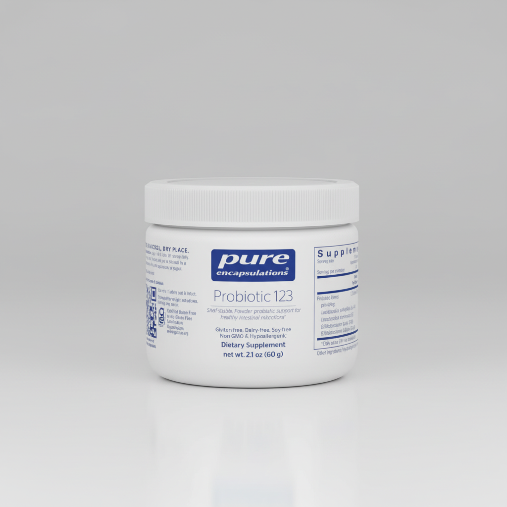 White container of pure encapsulations Probiotic 123 dietary supplement on a white background