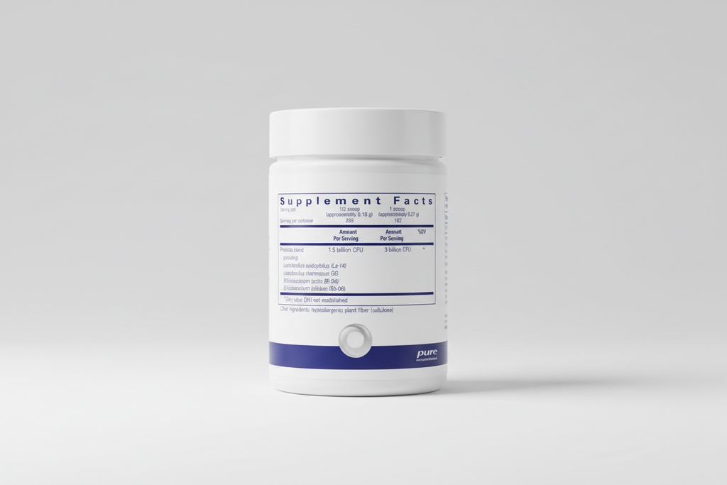 Supplement facts label for a probiotic product with 'pure encapsulations' branding.