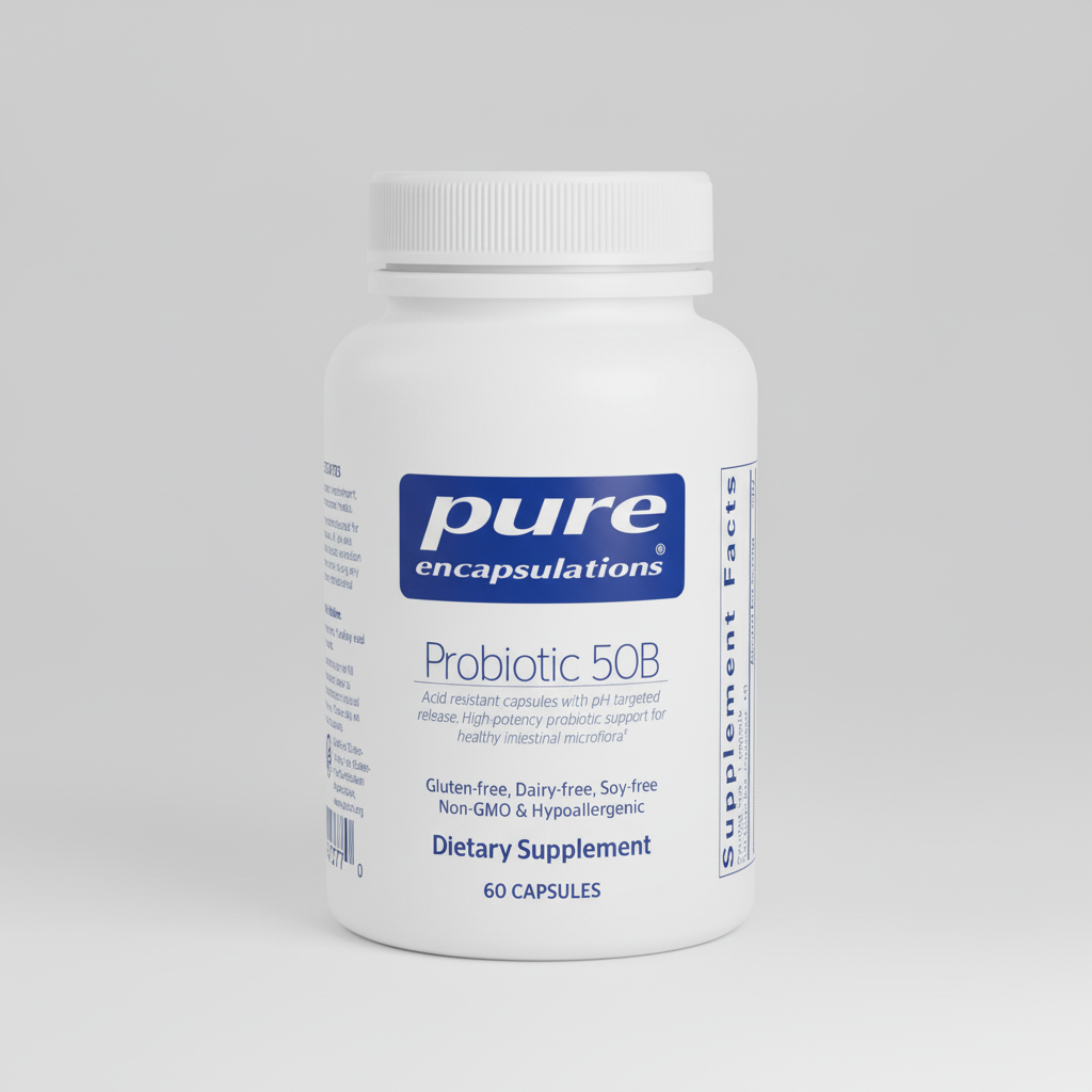 White supplement bottle labeled 'pure encapsulations Probiotic 50B' on a white background