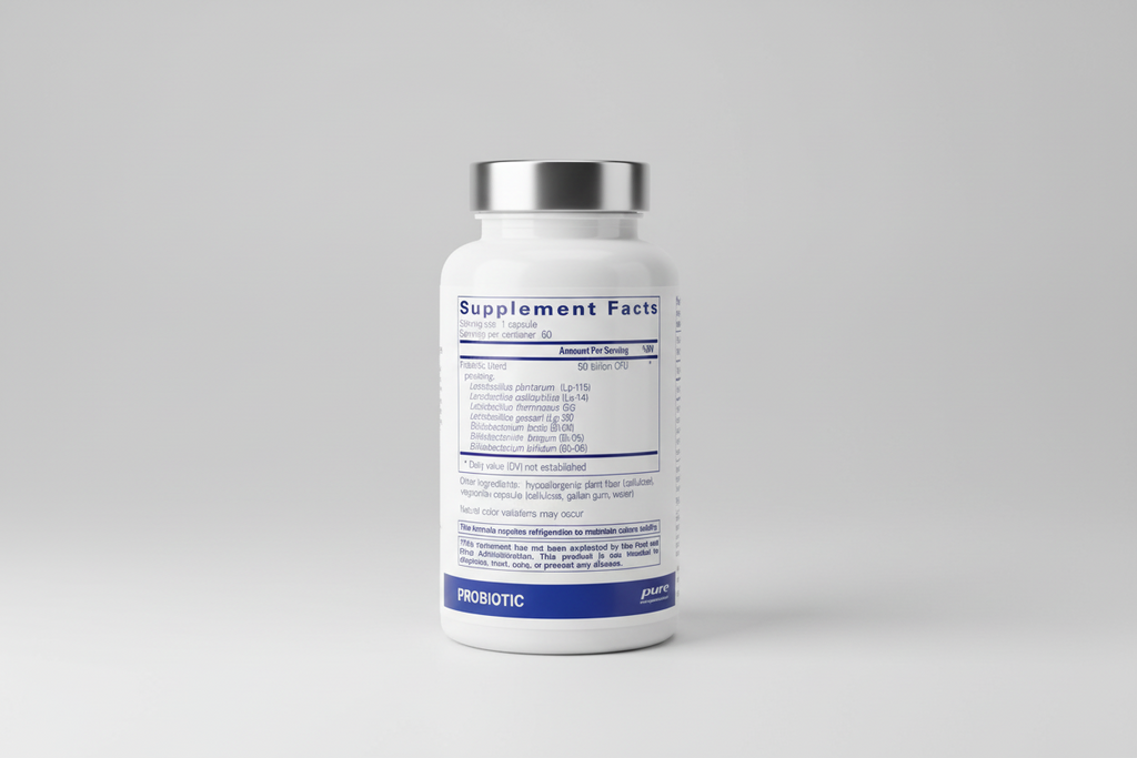 Supplement facts label for a probiotic blend with Lactobacillus and Bifidobacterium strains, provided by pure encapsulations.