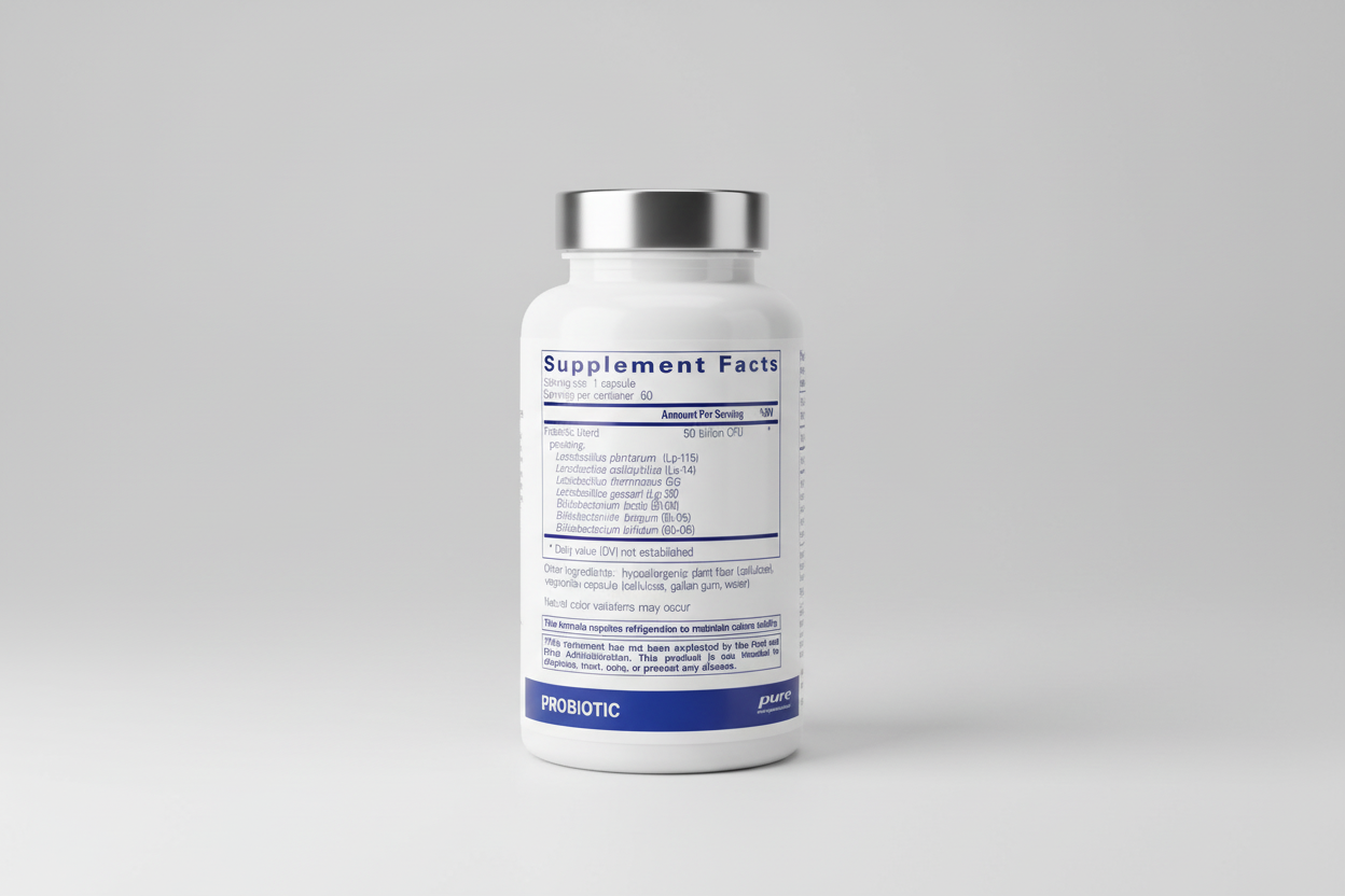 Supplement facts label for a probiotic blend with Lactobacillus and Bifidobacterium strains, provided by pure encapsulations.
