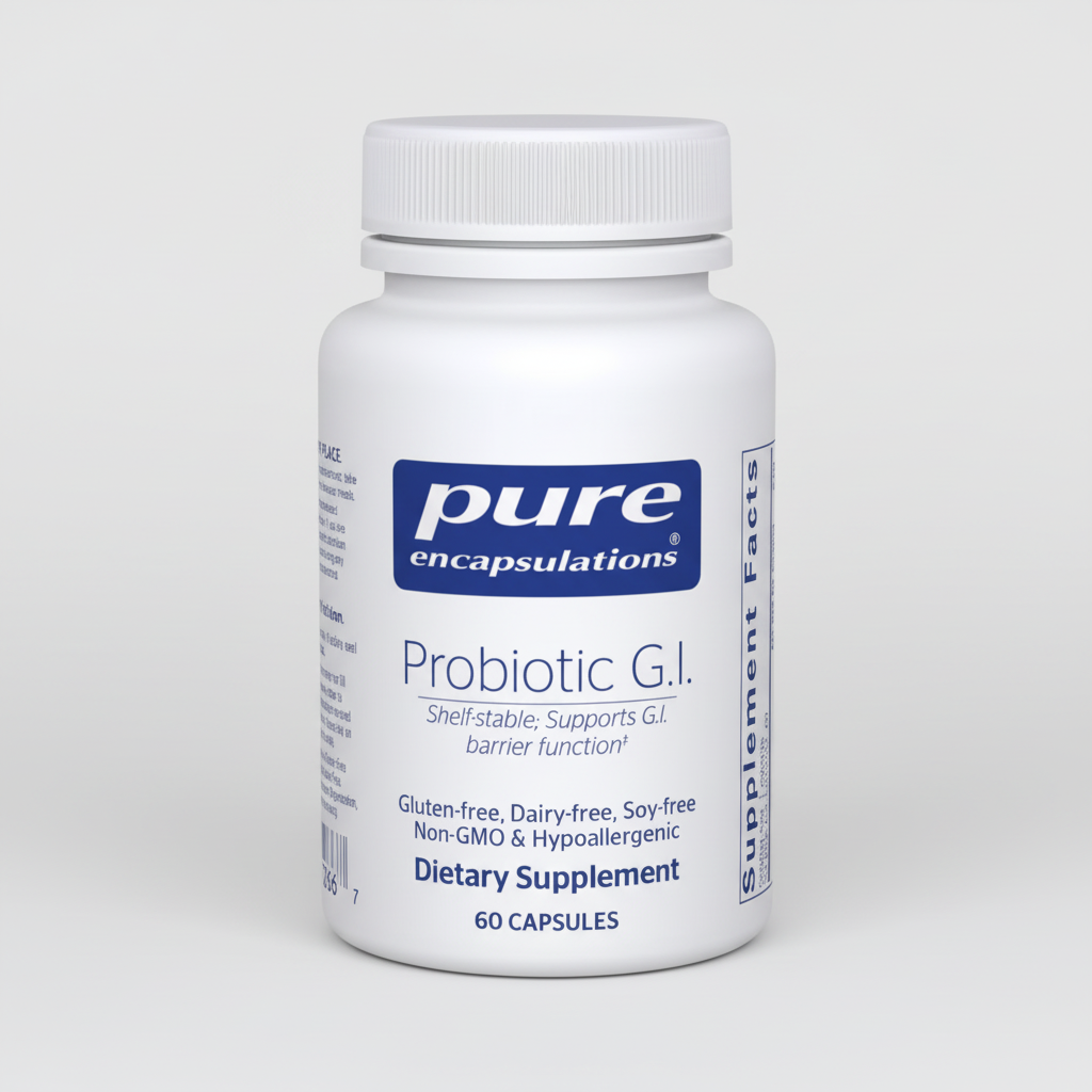 White supplement bottle labeled 'pure encapsulations Probiotic G.I.' on a white background
