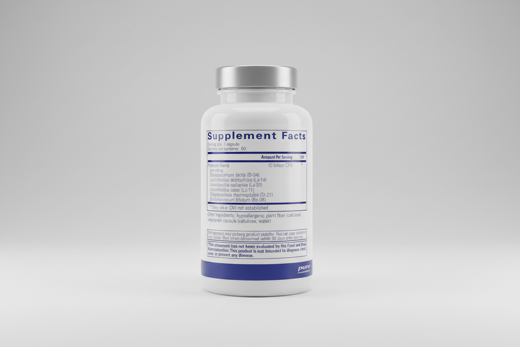 Supplement facts label for a probiotic product with 'pure encapsulations' branding.
