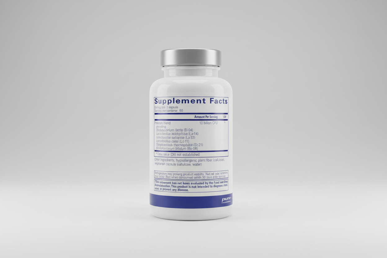 Supplement facts label for a probiotic product with 'pure encapsulations' branding.