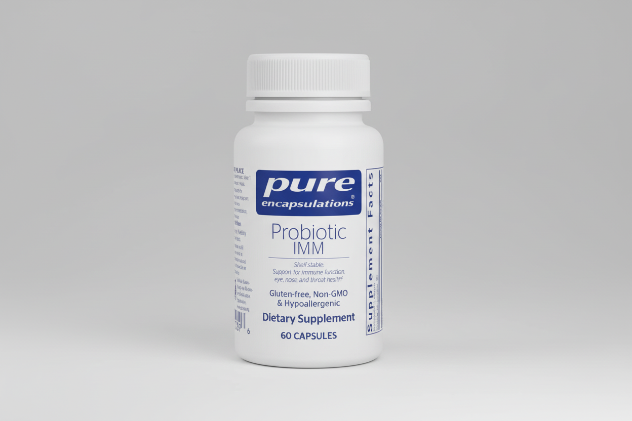 White bottle of pure encapsulations Probiotic IMM supplement on a white background