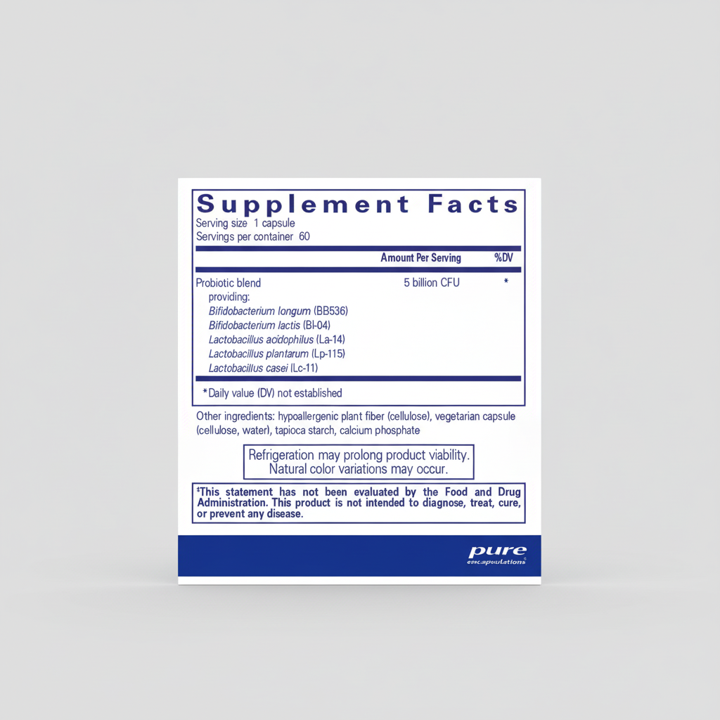 Supplement facts label for a probiotic product with ingredients listed.