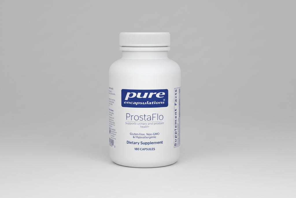 White supplement bottle labeled 'ProstaFlo' by pure encapsulations on a white background