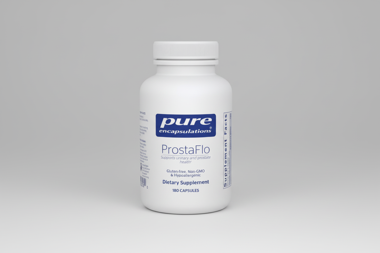 White supplement bottle labeled 'ProstaFlo' by pure encapsulations on a white background