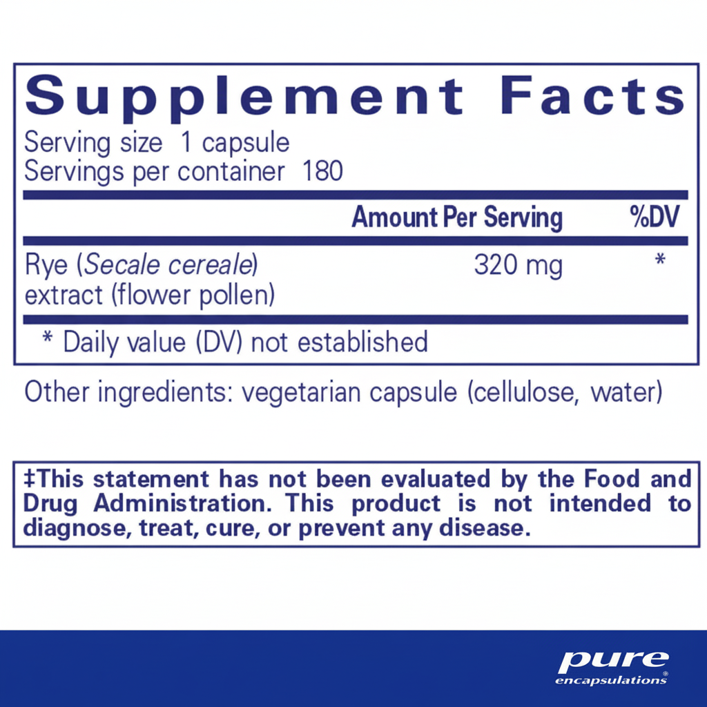 Supplement facts label for Rye extract with serving size and container information.