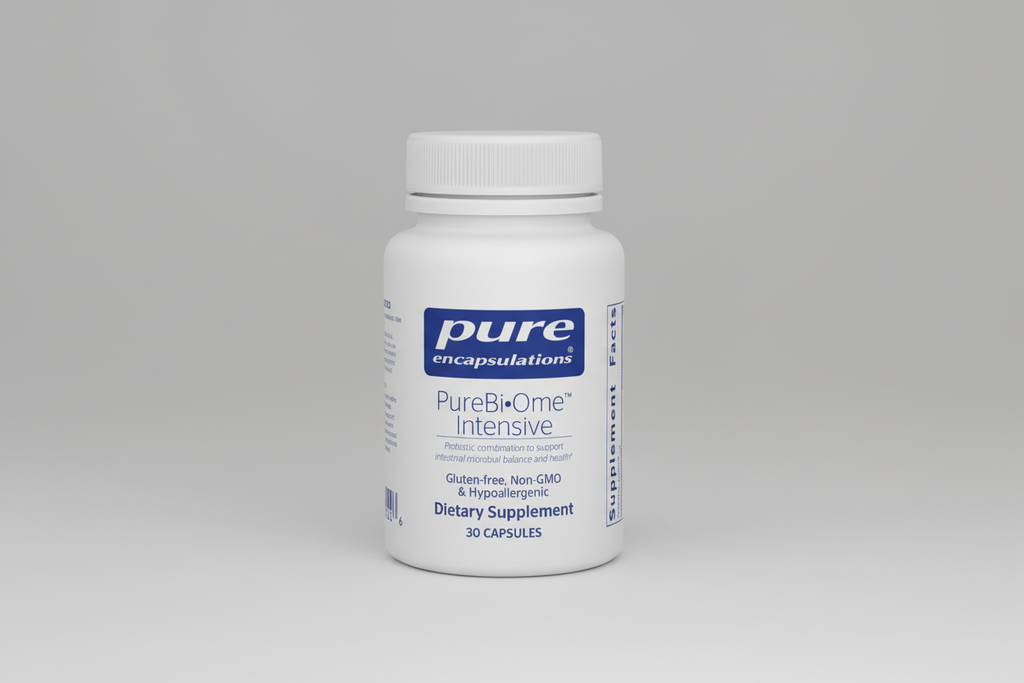 Bottle of Pure Encapsulations PureBi-Ome Intensive dietary supplement on a white background