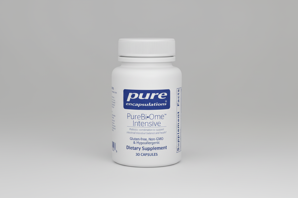 Bottle of Pure Encapsulations PureBi-Ome Intensive dietary supplement on a white background
