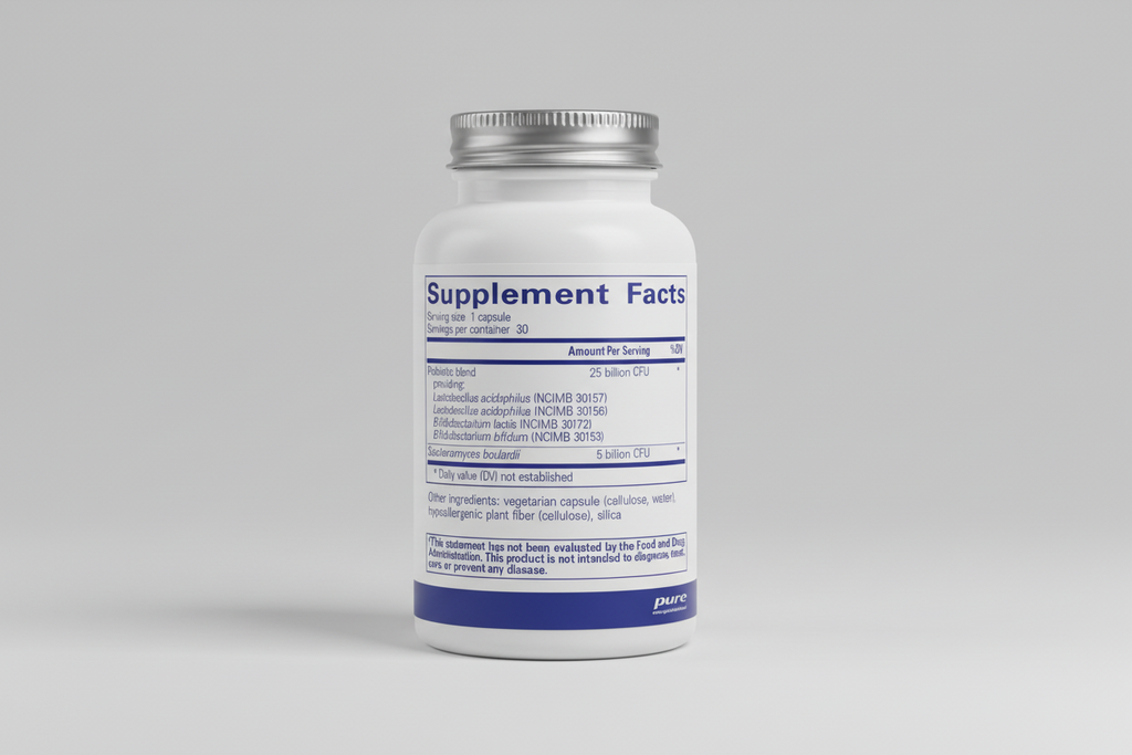 Supplement facts label for a probiotic blend with serving size and container details.