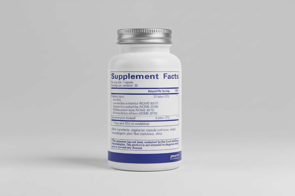 Supplement facts label for a probiotic blend with serving size and container details.