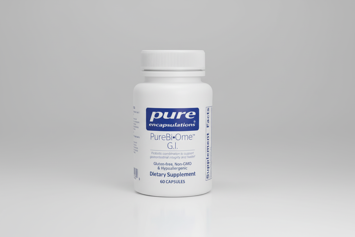 Supplement bottle labeled 'pure encapsulations PureBi-Ome G.I.' on a white background
