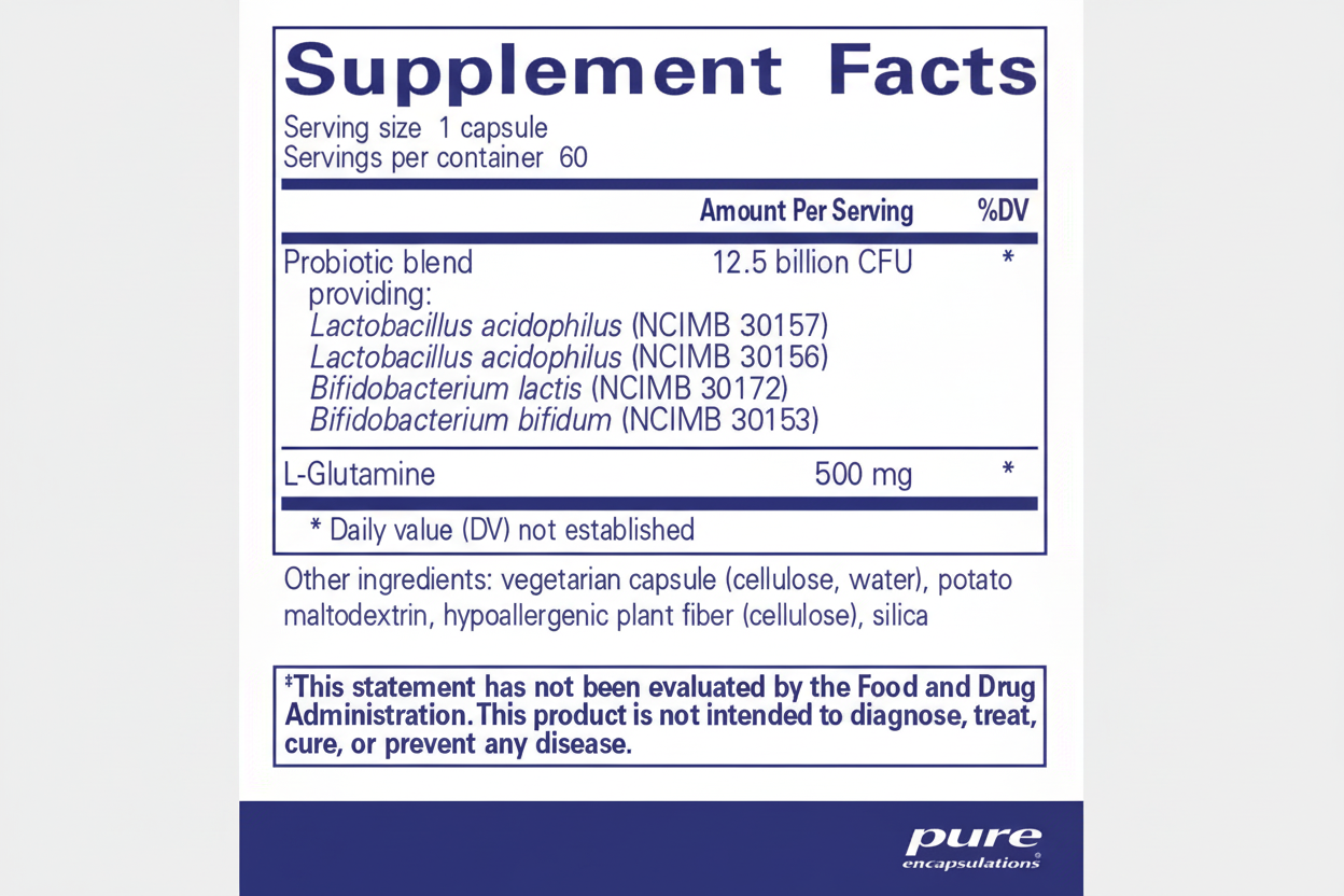 Supplement facts label for a probiotic blend with L-glutamine, featuring pure encapsulations branding.