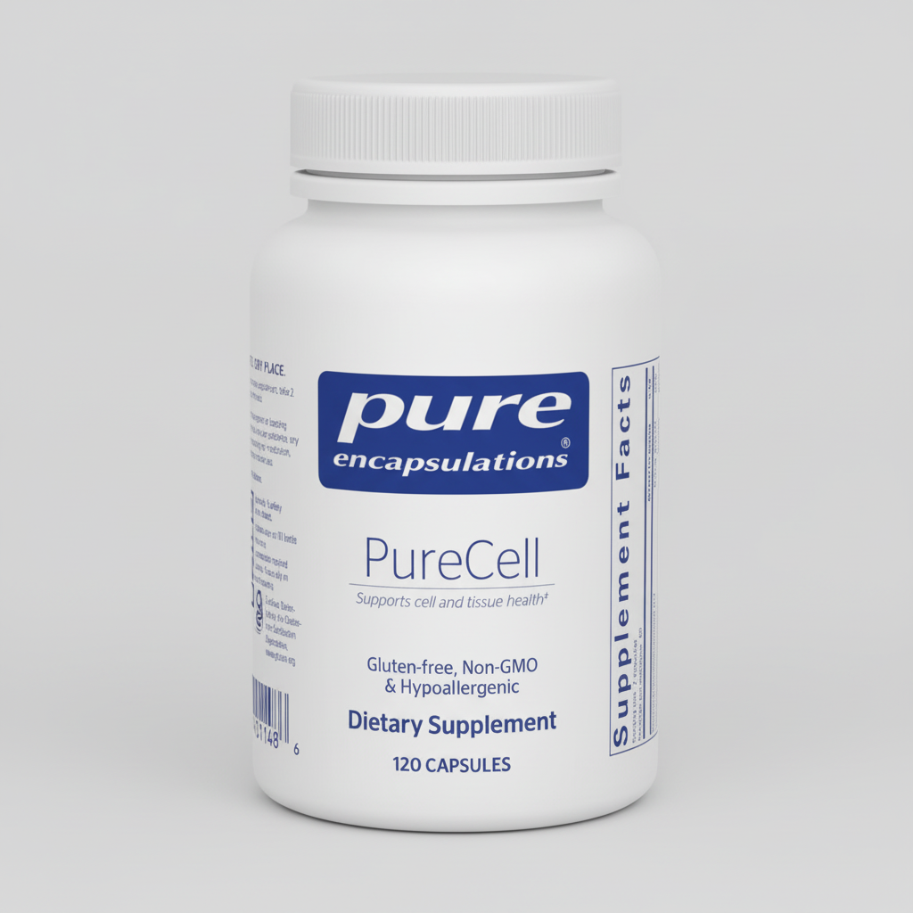 White supplement bottle labeled 'Pure Encapsulations PureCell' on a white background