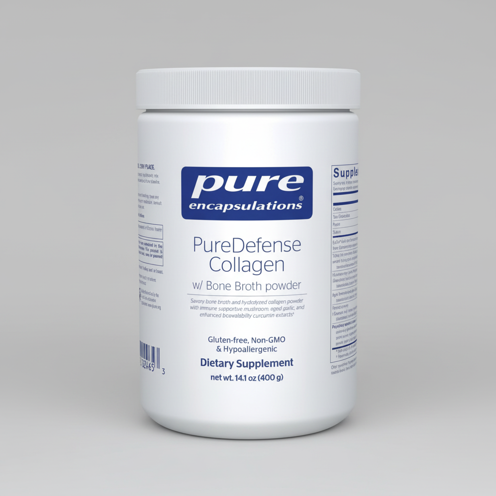 White container of PureDefense Collagen with Bone Broth powder by pure encapsulations on a white background