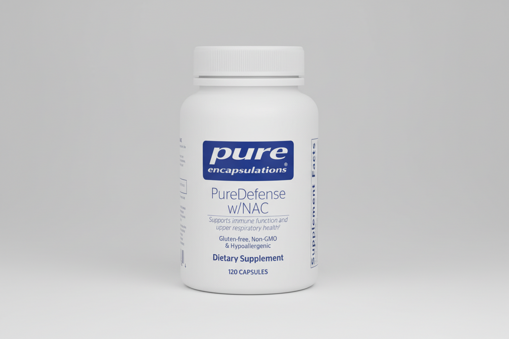 White supplement bottle labeled 'pure encapsulations PureDefense w/NAC' on a white background