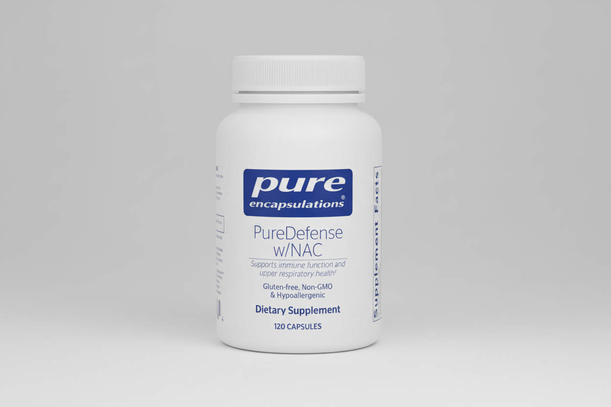 White supplement bottle labeled 'pure encapsulations PureDefense w/NAC' on a white background