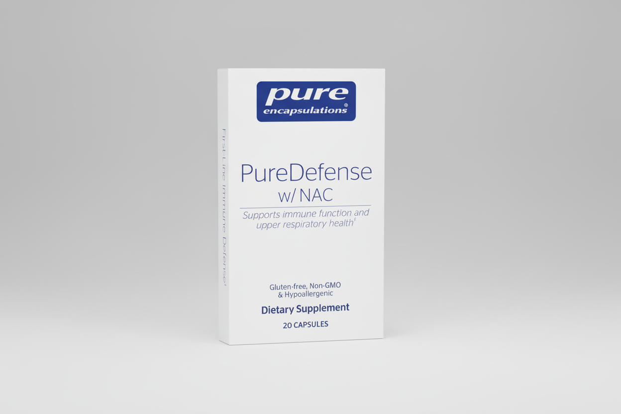 Box of PureDefense w/NAC dietary supplement by pure encapsulations on a white background