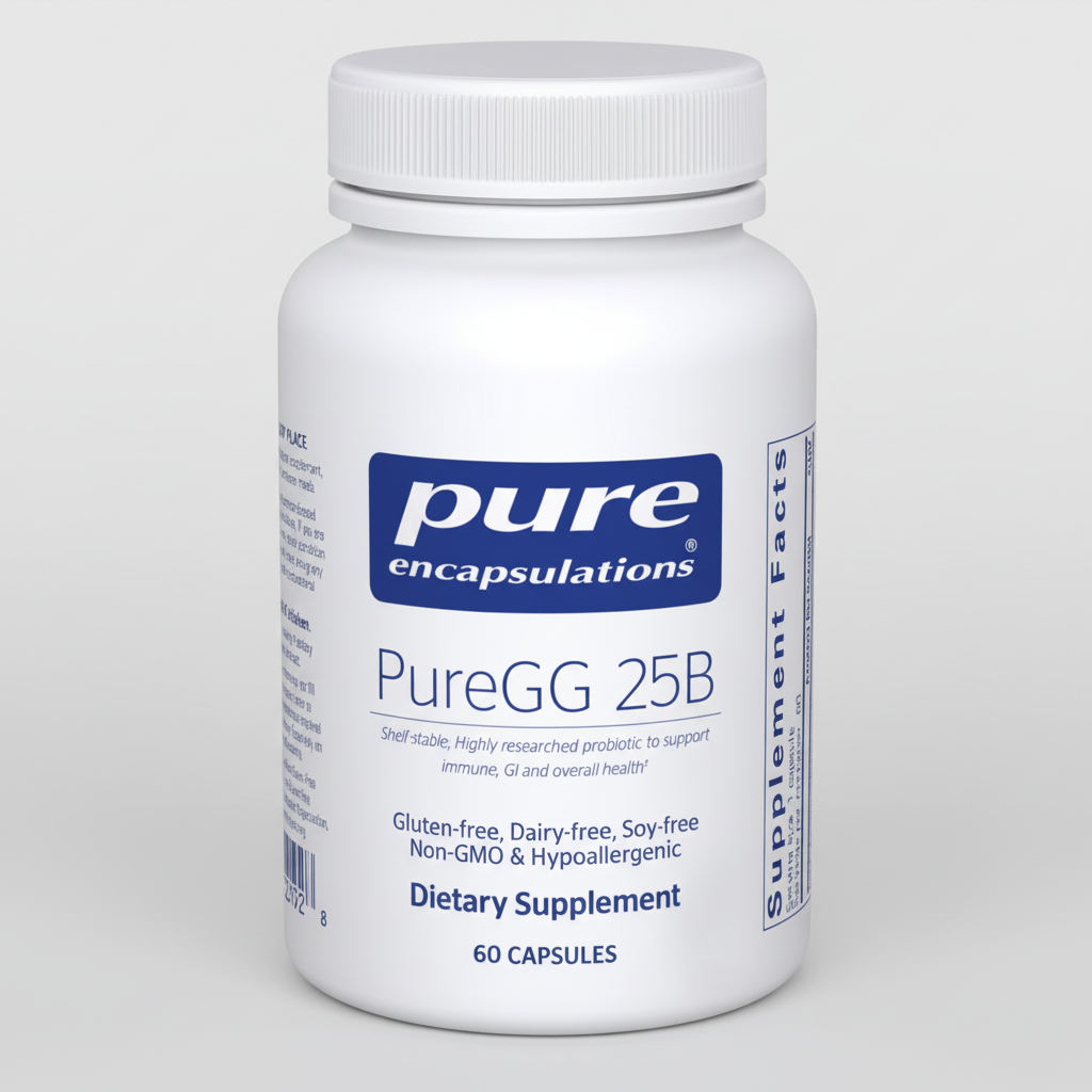 White supplement bottle labeled 'pure encapsulations PureGG 25B' on a white background