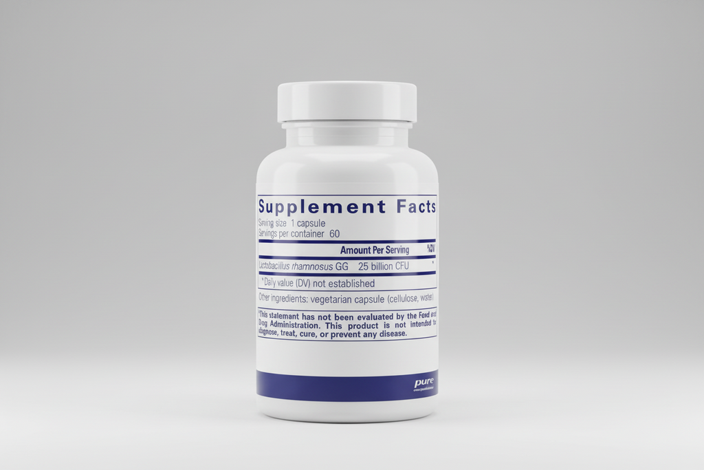 Supplement facts label for Lactobacillus rhamnosus GG with serving size and container details.