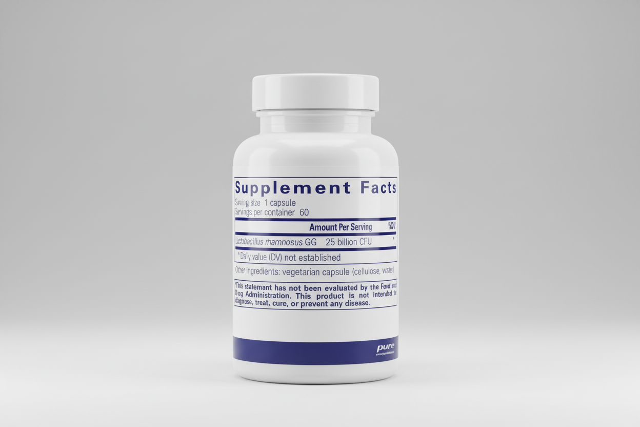 Supplement facts label for Lactobacillus rhamnosus GG with serving size and container details.