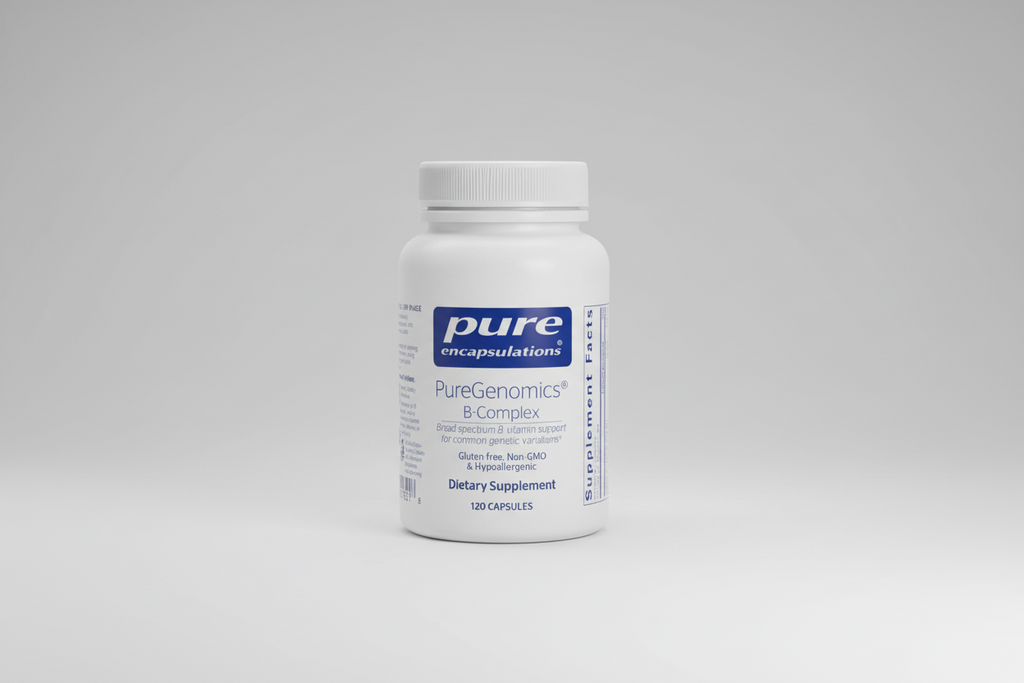 Supplement bottle labeled 'Pure Encapsulations PureGenomics B-Complex' on a white background
