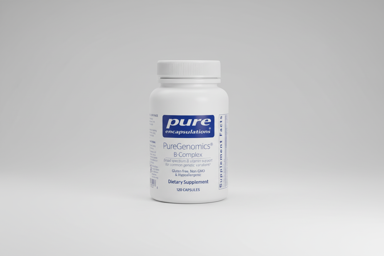 Supplement bottle labeled 'Pure Encapsulations PureGenomics B-Complex' on a white background