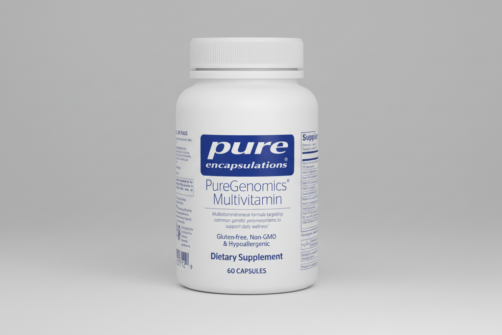 White supplement bottle labeled 'pure encapsulations PureGenomics Multivitamin' on a white background