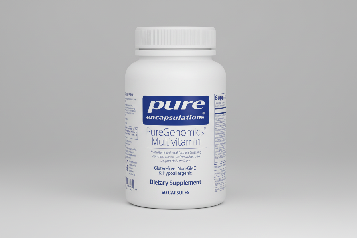 White supplement bottle labeled 'pure encapsulations PureGenomics Multivitamin' on a white background