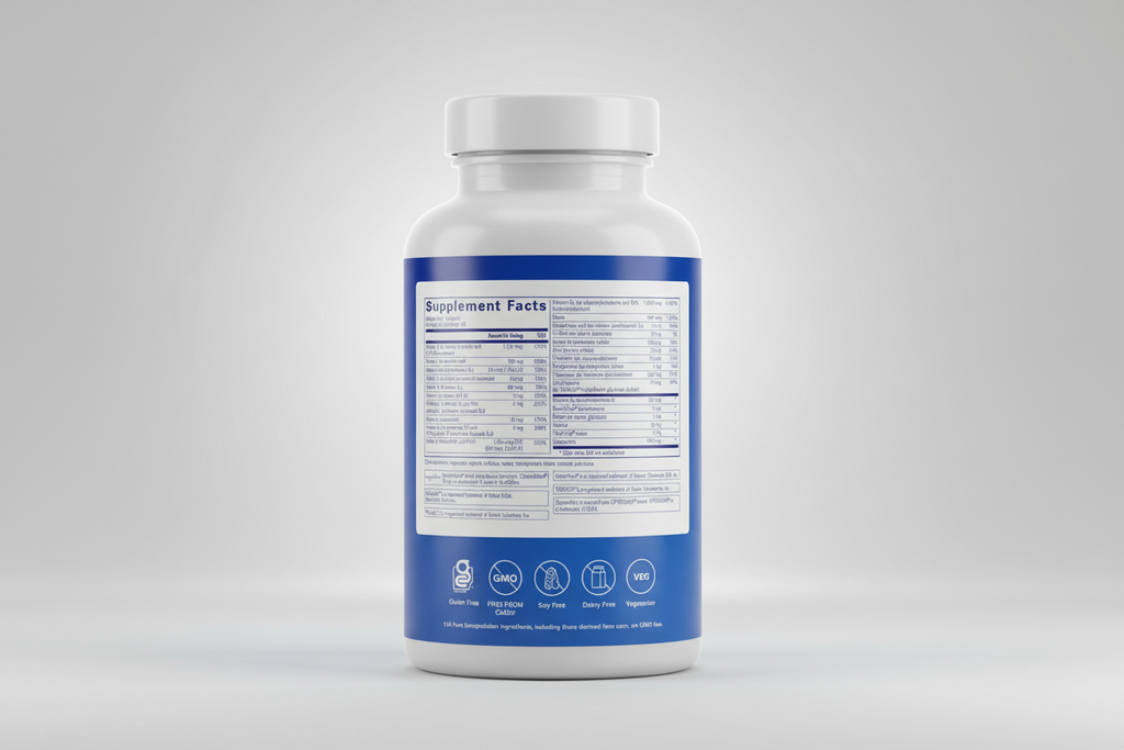 Supplement facts label with icons indicating dietary restrictions and vegetarian status on a blue background
