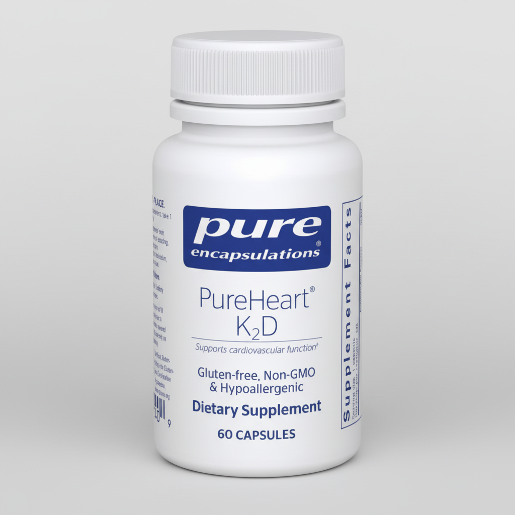 White bottle of Pure Encapsulations PureHeart K2D dietary supplement on a white background