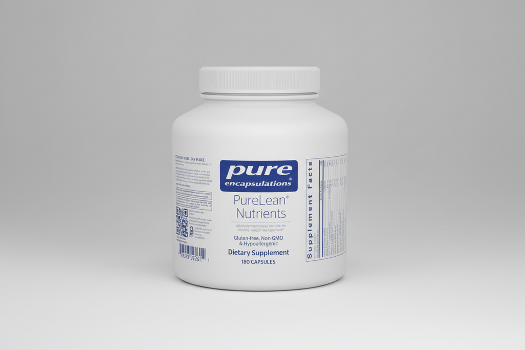 White supplement container labeled 'Pure Encapsulations PureLean Nutrients' on a white background